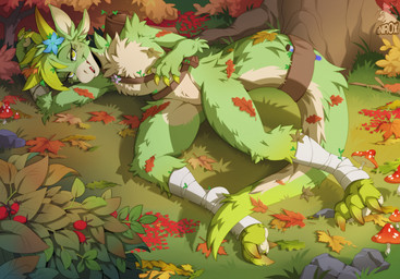 2_horns 3_toes 4_ears 4_fingers accessory anthro autumn autumn_leaves backpack bandage belt belt_only biped claws countershade_ears countershade_face countershade_fur countershade_legs countershade_neck countershade_tail countershade_thighs countershade_torso countershading day detailed_background digitigrade featureless_chest featureless_crotch feet female finger_claws fingers flower flower_in_hair fluffy forest front_view fur furgonomics grass green_body green_fur hair hair_accessory horn leaf leaves_on_ground looking_at_viewer lying multi_ear nude null on_side outside paws plant shrub snout solo tail tail_accessory tail_belt tan_body tan_countershading tan_fur tapering_tail toe_claws toes tree white_body white_fur conditional_dnp xnirox legend_of_ahya mythology kanya_the_drakkonid_(darkflamewolf) dragon furred_dragon furred_scalie mythological_creature mythological_scalie scalie 2022 full-length_portrait hi_res portrait
