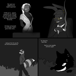 anthro bottomwear cigar clothed clothing dark dialogue ear_piercing eyebrows eyes_closed eyewear facial_piercing female fully_clothed glasses grin group hair half-closed_eyes hand_in_pocket hands_behind_back hoodie lip_piercing lip_ring long_hair male markings narrowed_eyes necktie night open_mouth outside pants piercing plant pockets ring_(marking) ring_piercing ringed_tail short_hair shrub side_view smile smoke smoking standing striped_markings striped_tail stripes suit tail tail_markings text topwear walking nx-42 black_immelmann immelmann_(character) joel_calley canid canine canis lagomorph mammal procyonid raccoon wolf 1:1 absurd_res comic dark_theme english_text greyscale hi_res monochrome