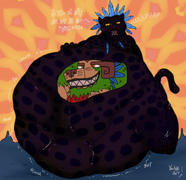 after_vore ambiguous_gender anthro anthro_pred belly big_belly black_spots blue_body blue_feathers brown_ears burping duo feathers green_hair hair huge_belly inside_stomach internal looking_down orange_eyes overweight purple_body purple_ears purple_tail rumbling_stomach spots tail text vore yauhasart mythology dragon felid feline mammal mythological_creature mythological_scalie scalie 2025 flat_colors hi_res unknown_text watermark
