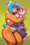accessory anthro bangs big_breasts bikini biped blue_hair bodily_fluids bottomwear bow_ribbon breast_squish breasts carrying_another claws clothed clothing denim denim_bottomwear denim_clothing duo ear_piercing ear_ring eyebrows eyelashes eyes_closed female footwear fur hair hair_accessory hair_bow hair_ribbon hug jeans makeup navel open_mouth orange_body orange_fur pants piercing ponytail ribbons ring_piercing shoes size_difference slightly_chubby smile sneakers squish sweat swimwear two-piece_swimsuit flo activision crash_bandicoot_(series) coco_bandicoot megumi_bandicoot bandicoot mammal marsupial 2025 digital_media_(artwork) digital_painting_(artwork) hi_res painting_(artwork)