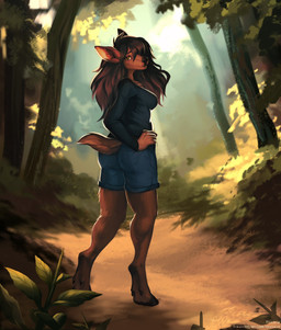 5_fingers anthro bangs blurred_background breasts brown_body brown_fur brown_hair brown_nose butt butt_pose clothed clothing day demin_shorts detailed_background female fingers forest forest_background fur grass hair hand_on_hip hooves long_bangs long_hair looking_at_viewer looking_back looking_back_at_viewer messy_hair nature nature_background outside plant pose shirt short_tail smile snout solo standing tail text three-quarter_view topwear tree unguligrade felicia_cat deer mammal 2021 artist_name dated digital_media_(artwork) digital_painting_(artwork) english_text full-length_portrait hi_res painting_(artwork) portrait url