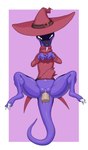3_toes anthro belt black_body blush bodily_fluids claws clothed clothed_anthro clothing disembodied_penis feet female flat_chested genital_fluids genitals hat hat_buckle headgear headwear looking_at_viewer lying male maroon_clothing multicolored_body on_back penetration penis pink_background pupils purple_body semi-anthro sickle_claw side_slit_dress simple_background slit_dress slit_pupils smile solo solo_focus spread_legs spreading toe_claws toes tongue tongue_out two_tone_body vaginal vaginal_fluids vaginal_penetration vulva witch_hat pata sylvie_(wups) dinosaur dromaeosaurid prehistoric_species reptile scalie theropod velociraptor 2025 hi_res