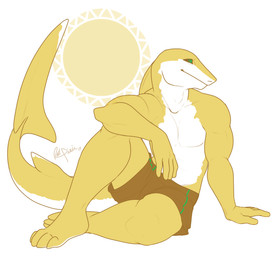 anthro biceps biped bottomwear clothed clothing male muscular muscular_anthro muscular_male pecs shorts simple_background sitting smile solo swimming_trunks swimwear topless triceps redpixie aquatic fish shark hi_res