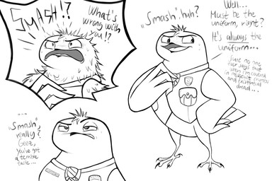 4_toes anisodactyl anthro avian_feet beak big_mouth_(anatomy) big_pupils blush blush_lines bodily_fluids claws clothing constricted_pupils dialogue dilated_pupils embarrassed eyebrows facial_expressions feather_hands feathered_wings feathers feet flustered freaking_out furrowed_eyebrows hand_on_hip head_tuft insult insulting_viewer lidded_eyes male nervous nervous_smile nervous_sweat open_mouth open_smile police pupils raised_eyebrow reactions ruffled_feathers simple_background small_feet small_pupils smile solo speech_bubble standing surprised sweat sweatdrop talking_to_self talking_to_viewer text toe_claws toes topwear tuft uniform unimpressed vest white_background wide_eyed wings sallylla neville_nightglider avian bird european_nightjar nightjar 3:2 bust_portrait digital_drawing_(artwork) digital_media_(artwork) english_text hi_res monochrome portrait sketch