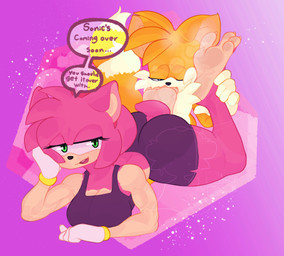 anthro barefoot clothing duo feet female foot_fetish foot_sniffing gloves handwear male pink_body sniffing soles speech_bubble text toes white_clothing white_gloves white_handwear sliceofpie sega sonic_the_hedgehog_(series) amy_rose miles_prower canid canine eulipotyphlan fox hedgehog mammal absurd_res hi_res