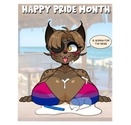 anthro beverage big_breasts bikini bikini_top blush breasts brown_body brown_fur clothing dialogue embarrassed eye_patch eyewear female front_view fur hands_on_table huge_breasts lgbt_pride markings milkshake open_mouth photo_background pride_color_clothing pride_colors solo speech_bubble spilled_drink spots spotted_body spotted_fur swimwear text two-piece_swimsuit whiskers i_am_kat95 final_fantasy final_fantasy_xiv square_enix kisunya_(pinkfloofer) felid hrothgar mammal 2025 english_text hi_res mixed_media photography_(artwork)