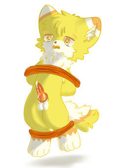 animal_genitalia anthro balls bodily_fluids flightlan999 fur genital_fluids genitals huangyugao male orange_body orange_fur penis rope standing tears yellow_body yellow_fur young unknown_artist canid canine mammal 3:4 hi_res