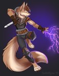 2018 anthro armor bottomwear brown_body brown_fur brown_hair brown_tail caelus_(dansharkman) canid cheek_tuft clothed clothing dagger dated electricity facial_tuft front_view fur green_eyes grey_bottomwear grey_clothing grey_pants grey_topwear hair hi_res holding_dagger holding_melee_weapon holding_object holding_weapon magic_user male mammal melee_weapon pants short_hair signature solo tail tan_body tan_fur tan_tail tiggybloom topwear tuft weapon