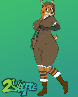 anthro antlers armwear big_breasts biped black_clothing black_gloves black_handwear boots breasts brown_body brown_clothing brown_eyes brown_fur clothed clothed_anthro clothed_female clothing elbow_gloves eyebrow_through_hair eyebrows female fingers footwear fur gloves green_background hair handwear horn humanoid_hands long_hair looking_at_viewer orange_hair pose shoes simple_background solo standing text thick_thighs translucent translucent_hair wide_hips 2sleepee deer mammal 2025 artist_name colored full-length_portrait hi_res portrait watermark