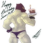 absurd_res aleksejsalabaev anthro athletic athletic_anthro athletic_male biceps biped birthday bottomwear bulge bulge_from_behind butt cake candle clawed_fingers claws clothed clothed_male clothing cuffs_(clothing) dessert finger_claws fingers flexing food green_body green_scales green_skin hand_on_butt hand_on_side head_turned hi_res inviting lizard lizardman long_mouth looking_at_viewer looking_back male male_anthro mask monster mortal_kombat muscular muscular_anthro muscular_arms muscular_male muscular_thighs orange_sclera presenting rear_view reptile reptile_(mortal_kombat) saurian_(mortal_kombat) scales scalie seductive simple_background skimpy smile snout solo spikes standing text tight_bottomwear tight_clothing topless topless_anthro topless_male underwear yellow_sclera