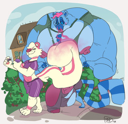 4_fingers 4_toes 5_fingers ankle_markings anthro areola arm_markings balls balls_expansion barefoot big_balls big_muscles big_nipples big_pecs big_penis biped blue_inner_ear blue_inner_ear_fluff blue_sclera bottle bottomwear brown_clothing brown_underwear building cheek_markings chest_tuft choker_(marking) claws closed_smile clothed clothed_anthro clothed_male clothing cloud container countershade_fur countershade_torso countershading curled_tail day deltoids detailed_background duo expansion eyelashes eyes_closed facial_markings feet finger_claws fingerless_(marking) fingers forearm_muscles fur genital_expansion genitals green_clothing green_shirt green_topwear growth hair head_markings holding_bottle holding_container holding_object house huge_balls huge_muscles huge_pecs huge_penis humanoid_hands hyper hyper_balls hyper_genitalia hyper_muscles hyper_penis inner_ear_fluff larger_anthro larger_male leg_markings male male_anthro markings medial_ring midriff mouth_closed multicolored_body multicolored_fur muscle_growth muscular muscular_anthro muscular_arms muscular_male narrowed_eyes navel nipples outside pavement pawpads pecs penis penis_expansion perfume perfume_atomizer perfume_bottle pink_areola pink_body pink_countershading pink_ears pink_fur pink_hair pink_markings pink_nipples pink_nose pink_pawpads pink_penis pink_stripes pink_tongue plant plantigrade purple_bottomwear purple_claws purple_clothing purple_finger_claws purple_shirt purple_shorts purple_toe_claws purple_topwear ring_(marking) ringed_tail shirt shorts shrub size_difference sky smaller_anthro smaller_male smile street striped_body striped_fur striped_markings striped_tail stripes tail tail_markings toe_claws toeless_(marking) toes tongue tongue_out top_heavy topwear torn_clothing torn_shirt torn_topwear torn_underwear trapezius tuft two_tone_body two_tone_fur underwear walking whisker_spots white_body white_fur white_hair white_inner_ear maxpany max_(maxpany) nargle nargle_(nargleflex) lemur mammal mephitid primate ring-tailed_lemur skunk strepsirrhine striped_skunk 2021 absurd_res digital_drawing_(artwork) digital_media_(artwork) flat_colors hi_res signature