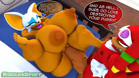 anthro balls bed big_balls big_breasts big_butt breasts butt duo ear_piercing ear_ring eyewear eyewear_on_head fangs female furniture genitals hand_on_hip hands_behind_head hoop_ear_ring huge_balls huge_breasts huge_butt lips looking_pleasured lying lying_on_bed male male/female muscular muscular_male narrowed_eyes on_back on_bed open_mouth open_smile penetration piercing profanity pubes ring_piercing smile smug_grin speech_bubble sunglasses sunglasses_on_head teeth text thick_lips thick_thighs vaginal vaginal_penetration voluptuous_female wearing_sunglasses rocketspuff sega sonic_the_hedgehog_(series) knuckles_the_echidna rouge_the_bat bat echidna mammal monotreme 16:9 3d_(artwork) 4k absurd_res digital_media_(artwork) english_text hi_res widescreen