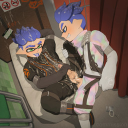 anal anal_penetration anthro balls blue_eyes blue_hair bodily_fluids clothed clothing condom condom_wrapper cum cum_everywhere cum_in_ass cum_inside cum_on_face cumshot curtains duo ejaculation erection excessive_cum excessive_genital_fluids folding_chair genital_fluids genitals green_eyes hair hand_on_leg humanoid_genitalia humanoid_penis looking_at_another looking_at_partner male male/male male_penetrated male_penetrating male_penetrating_male masturbation messy narrowed_eyes orgasm penetration penile penis pointy_ears pseudo_hair sex sexual_barrier_device smile tentacle_hair tentacles tongue tongue_out unused_condom reonlock nintendo splatoon cephalopod inkling marine mollusk 2025 digital_media_(artwork)