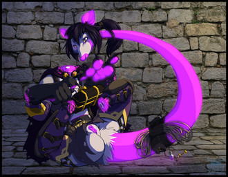 anthro black_border black_hair border bottomless bound clothed clothing detachable detachable_head dungeon female genitals glowing glowing_body glowing_ears glowing_genitalia glowing_pawpads glowing_tail glowing_vulva grey_body hair headless inside modular pawpads solo surgical_suture tail unusual_anatomy vulva what what_has_magic_done farorenightclaw european_mythology irish_mythology mythology fluxia_lumina american_opossum dullahan mammal marsupial virginia_opossum 2022