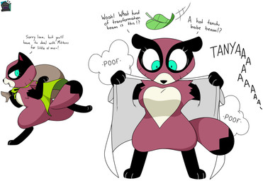 after_transformation alternate_species anthro bald black_body black_fur blue_eyes cape clothing coat crossgender curvy_figure dialogue duo eyelashes female feral fluffy fluffy_chest fur implied_transformation leaf magic multicolored_body multicolored_fur pink_body pink_fur poof poof_effect poof_transformation sack shocked simple_background smile tail text thick_thighs topwear transformation twinning wide_hips dezzy_draws cartoon_network mao_mao:_heroes_of_pure_heart tanya_keys canid canine mammal raccoon_dog tanuki 2021 absurd_res digital_media_(artwork) english_text hi_res