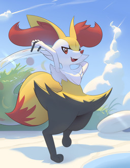 3_fingers 3_toes ambiguous_anthro ambiguous_gender anthro arm_tuft biped black_body black_fur cheek_tuft chest_tuft cloud cute_fangs digitigrade dipstick_tail facial_tuft fangs feet fingers flat_chested front_view fur hip_tuft inflatable inner_ear_fluff inner_tube light looking_at_viewer looking_down looking_down_at_viewer low-angle_view markings multicolored_body multicolored_fur nude_ambiguous nude_anthro on_model on_one_leg open_mouth open_smile orange_body orange_eyes orange_fur orange_inner_ear_fluff orange_nose orange_tail_tip outside paws pointy_ears pool_toy poolside prick_ears raised_arms shoulder_tuft sky smile solo standing sunlight tail tail_markings tapering_snout teeth three-quarter_view toes tuft two_tone_tail white_body white_fur yellow_body yellow_fur yellow_tail inkune nintendo pokemon braixen canid generation_6_pokemon mammal pokemon_(species) 2022 absurd_res colored digital_drawing_(artwork) digital_media_(artwork) english_description full-length_portrait hi_res portrait shaded