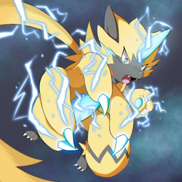 3_toes 4_fingers action_pose ambiguous_background anthro biped blue_eyes blue_whiskers claws cute_fangs electricity electricity_manipulation elemental_manipulation fangs feet fingers fur fur_markings leaning leaning_forward light markings open_mouth pawpads paws pose solo teeth toe_claws toes whiskers yellow_body yellow_fur herschel nintendo pokemon felid generation_7_pokemon legendary_pokemon mammal pokemon_(species) zeraora 1:1 digital_media_(artwork) hi_res