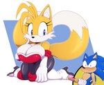 2_tails anthro big_breasts biped blue_body blue_fur breasts cleavage clothed clothing cosplay crossgender duo female food footwear fur gloves green_eyes handwear hot_dog implied_erection kneeling male male/female mtf_crossgender multi_tail simple_background tail teasing wide_hips bigdon1992 sega sonic_the_hedgehog_(series) miles_prower rouge_the_bat sonic_the_hedgehog canid canine eulipotyphlan fox hedgehog mammal 2021 digital_media_(artwork) shaded