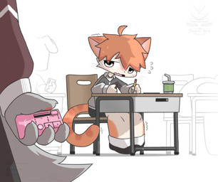 4_fingers black_bottomwear black_clothing black_pants blush bodily_fluids bottomwear cat_tail cellphone classroom clothed clothing container cup desk duo electronics fingers footwear fur furniture grey_body grey_clothing grey_fur grey_hoodie grey_topwear hair hoodie male male/male multicolored_clothing multicolored_footwear multicolored_socks nervous open_mouth orange_body orange_ears orange_fur orange_hair orange_tail pants pencil phone school sex_toy shorts shota simple_background smartphone socks student studying sweat sweatdrop table tail tan_body tan_fur topwear two_tone_clothing two_tone_footwear two_tone_socks vibrator whiskers young young_male bikabe3m somorenji canid canine canis domestic_cat felid feline felis humanoid mammal wolf