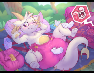 ageplay ambiguous_gender anthro baby_powder blush claws clothed clothing diaper diaper_change diaper_package discarded_diaper duo folded_diaper heart_symbol horn lying one_eye_closed open_mouth outside pillow pink_diaper roleplay tail wearing_diaper bubblepuppers chikn_nuggit mythology wish_dragon fwench_fwy_(chikn_nuggit) iscream_(chikn_nuggit) sody_pop_(chikn_nuggit) angel demon dragon lagomorph leporid mammal mythological_creature mythological_scalie rabbit scalie 2026 digital_media_(artwork) hi_res nonbinary_(lore)