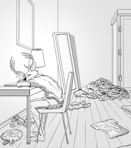 anthro antlers bag bedroom bent_over bottomwear chair clothed clothing computer desk dirty_room electronics eyes_closed furniture horn inside lamp laptop laundry male mirror shirt shorts sitting sleeping solo table topwear ffog beastars louis_(beastars) cervine deer mammal red_deer 2020 absurd_res black_and_white hi_res monochrome