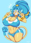 absurd_res anthro anthrofied big_breasts blue_hair breasts camel_toe cleavage clothed clothing double_v_sign eyes_closed female generation_5_pokemon gesture hair hand_gesture hi_res huge_breasts mammal mehdrawings nintendo nipple_outline pokemon pokemon_(species) pokemorph primate shelly_(mehdrawings) simipour solo v_sign wide_hips