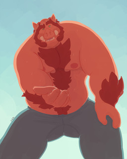 anthro arm_hair beard belly_hair body_hair bottomwear brown_beard brown_facial_hair chest_hair clothed clothing facial_hair front_view green_eyes grey_bottomwear grey_clothing grey_pants looking_at_viewer male male_anthro musclegut muscular muscular_anthro muscular_male nipples open_mouth overweight overweight_anthro overweight_male pants solo standing teeth topless chocolateandmilk mammal suid suine sus_(pig) wild_boar 2015 dated hi_res signature