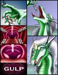 2003 anthro anthro_pred armor bodily_fluids claws clothed clothing comic dialogue dragon duo ear_piercing english_text extreme_size_difference eyes_closed facial_piercing fangs female green_body green_scales hair holding_character horn human internal jewelry licking licking_lips looking_at_viewer male mammal markie mouth_shot mythological_creature mythological_scalie mythology open_mouth oral_vore orange_eyes palate piercing pupils purple_hair saliva scales scalie seductive self_lick size_difference slit_pupils swallowing teeth text tongue tongue_out uvula vore
