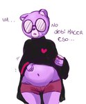 anthro belly biped bodily_fluids clothing dialogue eyewear glasses male navel pregnant pregnant_anthro pregnant_male purple_body solo sweat text underwear bunny0baby unicorn_wars padre_(unicorn_wars) bear mammal 2023 hi_res spanish_text translated