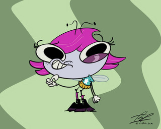 4_arms antennae_(anatomy) anthro big_eyes blue_background blue_clothing blue_shirt blue_topwear boots bottomwear clothing eyelashes female footwear freckled_face freckles glistening_eyelids gloves grey_body grey_skin hair handwear insect_wings long_eyelashes multi_arm multi_limb musical_note musical_symbol orange_bottomwear orange_clothing orange_skirt pink_clothing pink_footwear pink_hair pink_socks purple_boots purple_clothing purple_footwear shirt shoes simple_background skirt socks solo star symbol t-shirt topwear white_clothing white_gloves white_handwear wings grandech disney the_buzz_on_maggie maggie_pesky arthropod fly_(animal) insect 5:4