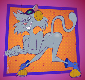 abstract_background anthro bent_over butt casual_nudity cheek_tuft chest_tuft clothing dancing electronics eyes_closed eyewear eyewear_on_head facial_tuft footwear fur glistening glistening_butt goggles goggles_on_head grey_body grey_fur headphones male musical_note musical_symbol pink_nose roller_skates shaking_butt solo symbol tuft gavanzude heathcliff_and_the_catillac_cats wordsworth domestic_cat felid feline felis mammal alternate_version_at_paywall digital_drawing_(artwork) digital_media_(artwork) hi_res signature