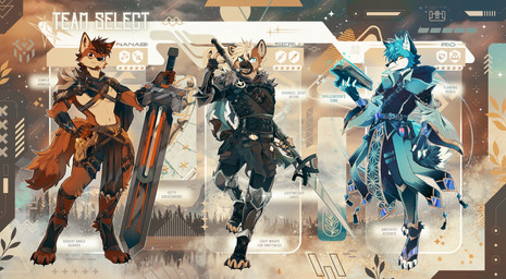 anthro blue_body blue_fur book fur greatsword group magic_user male melee_weapon polearm spear sword text trio weapon godbirdart nanabi_ashiro rio(cerulean) seru canid canine fox hyena mammal spotted_hyena absurd_res english_text hi_res
