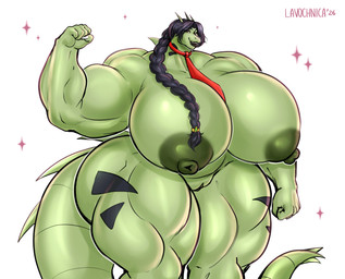 accessory anthro areola arm_flex big_breasts big_muscles big_nipples braided_hair breasts female female_anthro genitals green_areola green_nipples hair huge_breasts huge_muscles hyper hyper_breasts muscular necktie nipples pokemorph smile solo vulva lavochnica nintendo pokemon generation_2_pokemon pokemon_(species) tyranitar absurd_res hi_res