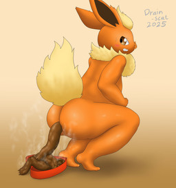 anthro butt crouching feces feces_in_ass feces_pile female fur hair heart_box holding_nose looking_back nude orange_body orange_fur pooping pooping_on_plate simple_background solo tail yellow_body yellow_fur yellow_tail drain_scat nintendo pokemon eeveelution flareon generation_1_pokemon pokemon_(species) absurd_res hi_res