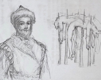 anthro beard clothed clothed_human clothed_male clothing coat corpse death eyebrows facial_hair gore group hat headgear headwear impaled_chest impalement looking_at_viewer male mustache nude spikes topwear violence wearing_hat reynard_goodfellow vlad_the_impaler human mammal monochrome