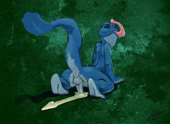 abstract_background anus backsack balls blue_body bodily_fluids butt cum cum_on_ground erection genital_fluids genitals long_tongue looking_back male nude penis raised_tail simple_background solo spread_legs spreading tail tongue tongue_out unknown_artist amphibian frog scalie 11:8 signature source_request