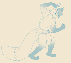 ageplay anthro big_diaper bodily_fluids cheek_tuft closed_smile clothed clothing diaper facial_tuft fangs flexing_muscles genital_fluids glistening glistening_eyes hair infantilism looking_at_viewer male male_anthro mouth_closed narrowed_eyes roleplay short_hair side_view simple_background smile solo standing teeth topless tuft unclean_diaper urine used_diaper wearing_diaper wet_diaper hardscales canid canine fox mammal full-length_portrait hi_res monochrome portrait