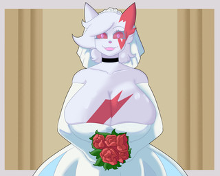 anthro big_breasts breasts choker clothed clothing dress female flower fur huge_breasts jewelry markings necklace plant smile solo wedding wedding_dress white_body white_fur fangedotter nintendo pokemon generation_3_pokemon mammal pokemon_(species) zangoose 5:4 hi_res