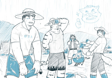 anthro clothed clothing eyes_closed eyewear farm food fur gesture glasses group hand_gesture hill male muscular outside plant raining striped_body striped_fur stripes summer tail thumbs_up vegetable village jeck asian_mythology east_asian_mythology morenatsu mythology botan_akagane hiroyuki_nishimura kyouji_takahara tatsuki_midoriya torahiko_ooshima bird_dog canid canine canis domestic_dog dragon eastern_dragon felid human hunting_dog labrador mammal mythological_creature mythological_scalie pantherine primate retriever scalie suid suine sus_(pig) tiger wild_boar 2019 black_and_white hi_res monochrome