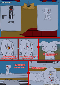 ambiguous_gender anthro automatic_weapon bandage bed black_clothing black_coat black_topwear blush bodily_fluids breasts cardboard cigarette clothed clothing coat comic_panel darkness dialogue doll duo eyewear eyewear_on_head female fingers floating_hands fur furniture furniture_lamp glasses goggles goggles_on_head grey_body grey_skin gun handgun hat headgear headwear lamp long_ears lying mask multicolored_eyes night nipples on_bed on_pillow pillow ranged_weapon red_eyes red_eyewear red_glasses red_nose shaking shaking_head sitting sleeping smile stitch_(sewing) submachine_gun sweat sweatdrop tail text thinking topwear trenchcoat uzi weapon weapon_on_bed white_body white_fur wood wooden_plank yellow_eyes otakon_(artist) 2spot_studio bloody_bunny_(series) madness_combat bloody_bunny hank_j._wimbleton animate_inanimate lagomorph leporid living_doll mammal nevadean_(madness_combat) rabbit absurd_res comic digital_drawing_(artwork) digital_media_(artwork) english_text hi_res tagme