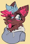 ambiguous_gender anthro b0rdness blue_clothing blue_eyes blue_hair brown_body brown_fur clothing cute_fangs ear_tuft fangs fur gradient_hair hair hoodie pink_hair smile solo tattoo teeth tongue tongue_out topwear tuft kudalewds hi_res