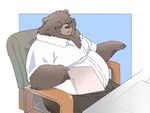 2024 4:3 anthro bear belly big_belly bottomwear brown_body brown_fur clothing eyewear fur glasses hi_res inunoshippo kemono male mammal overweight overweight_male pants shirt sitting solo topwear