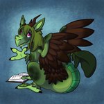 3_fingers 3_toes anthro book broken_horn claws feathered_wings feathers feet female fingers fur green_body green_fur green_hair hair horn purple_eyes simple_background sitting solo tail toes wings unknown_artist mythology kyisha dragon mythological_creature mythological_scalie scalie 1:1 2015