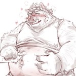 anthro belly big_belly blush clothed clothing duo heart_symbol humanoid_hands kemono male overweight overweight_male raised_clothing raised_shirt raised_topwear shirt solo_focus topwear furipon mammal suid suine sus_(pig) wild_boar 1:1 2023 hi_res