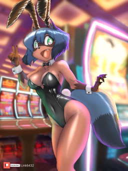anthro big_breasts blue_body blue_hair breasts brown_body brown_fur bunny_costume clothed clothing costume fake_ears fake_rabbit_ears female fur hair leotard open_mouth solo tail link6432 brand_new_animal studio_trigger michiru_kagemori canid canine canis mammal raccoon_dog tanuki absurd_res hi_res