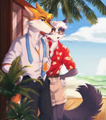 aloha_shirt anthro beverage big_tail blush bottomwear clothing cloud duo eyewear fluffy fluffy_tail glasses hand_on_shoulder male male/male necktie palm_tree pants pattern_clothing pattern_shirt pattern_topwear plant resort rolled_up_sleeves sea shirt shorts tail topwear tree unbuttoned_shirt water anonimator captyns jason_johnson zachary_wells canid canine domestic_cat felid feline felis fox mammal red_fox true_fox 2d_animation animated motion_tweening no_sound short_playtime webm