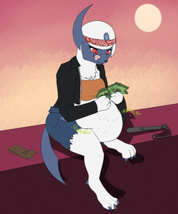 anthro anthrofied banknote baton belly bodily_noises bottomwear breasts clothing currency_symbol different_sound_effects female female_pred fur glorsh holding_money holding_object jacket kerchief licking licking_lips licking_own_lips money pokedollar_sign pokemorph rumbling_stomach self_lick shorts simple_background solo sound_effects sun symbol tongue tongue_out topwear vore wallet white_body white_fur pippuri nintendo pokemon fan_character absol generation_3_pokemon pokemon_(species) hi_res