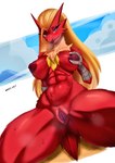 anthro areola avian big_breasts bird blaziken blue_eyes blush bodily_fluids breasts buransan female generation_3_pokemon genitals hair hand_on_breast looking_at_viewer musk nintendo nipples nude pokemon pokemon_(species) pussy red_body smile solo