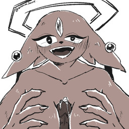anthro black_eyes black_nose bodily_fluids breast_play breasts ear_piercing faceless_character faceless_male female floppy_ears forehead_gem front_view gem genital_fluids genitals halo heart_eyes heart_symbol looking_at_viewer lop_ears male male/female nude offscreen_male open_mouth penis piercing precum sex simple_background solo titfuck white_background miniwu_house nine_sols red_candle_games goumang_(nine_sols) felid feline mammal solarian 1:1