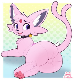bell bell_collar butt collar cute_fangs fangs featureless_crotch feet feral forehead_gem fur gem hindpaw inner_ear_fluff label looking_back lying male on_front open_mouth pawpads paws pink_body pink_fur plushie quadruped raised_tail rear_view smile solo suggestive tail teeth tuft xenoyia nintendo pokemon bepse_(character) animate_inanimate eeveelution espeon generation_2_pokemon hybrid living_plushie mammal pokemon_(species) hi_res